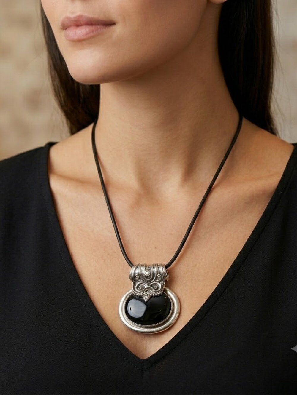 Vintage Sterling Silver and Black Onyx Pendant with small pearl